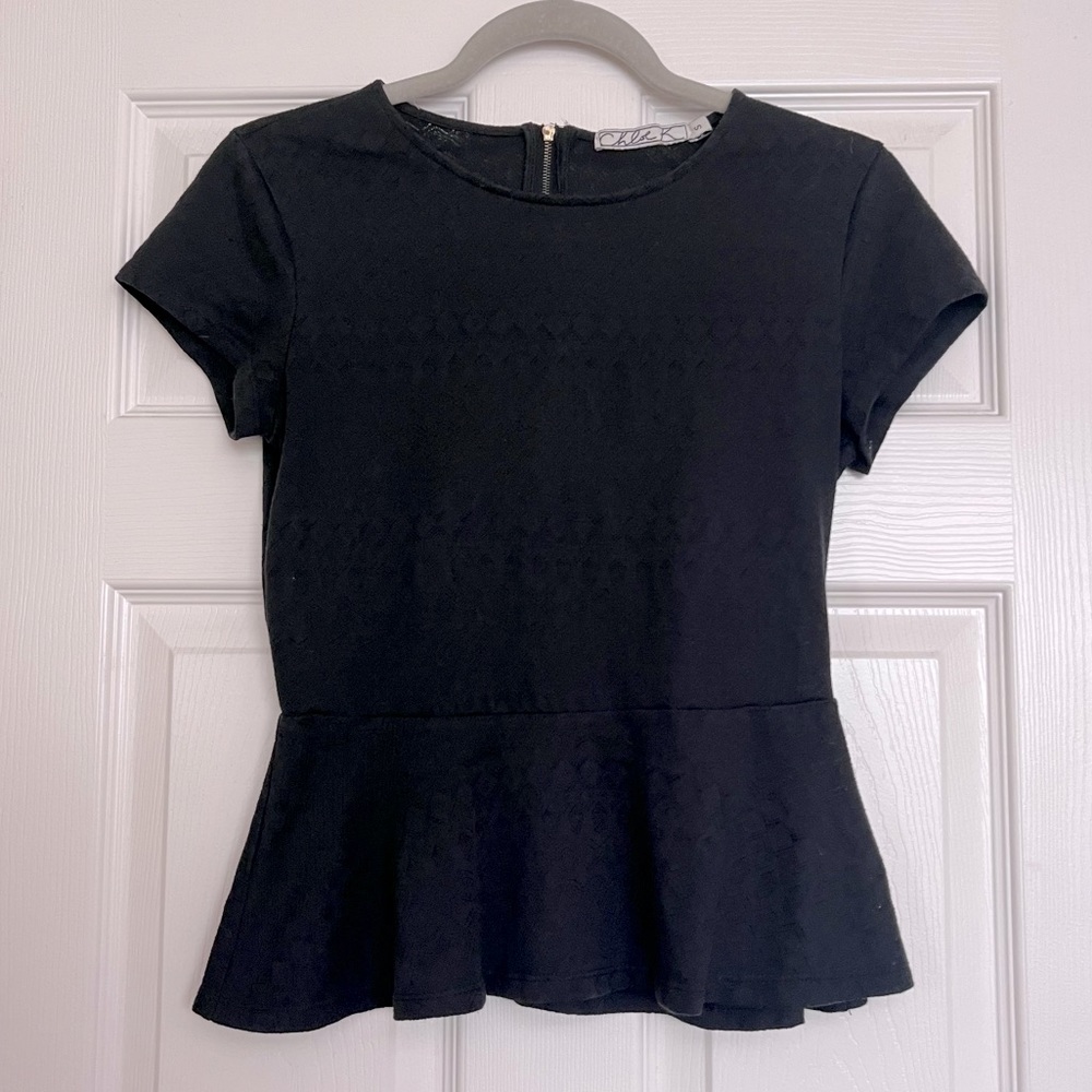 Black Knit Cap Sleeve Peplum Blouse, Size Small